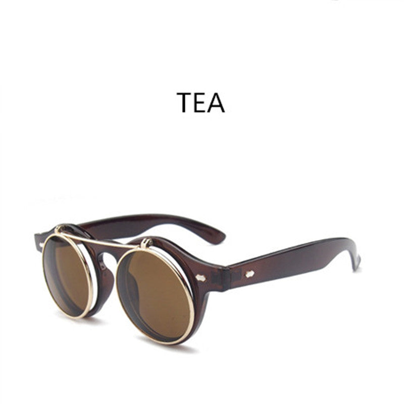 Double flip round retro steampunk sunglasses