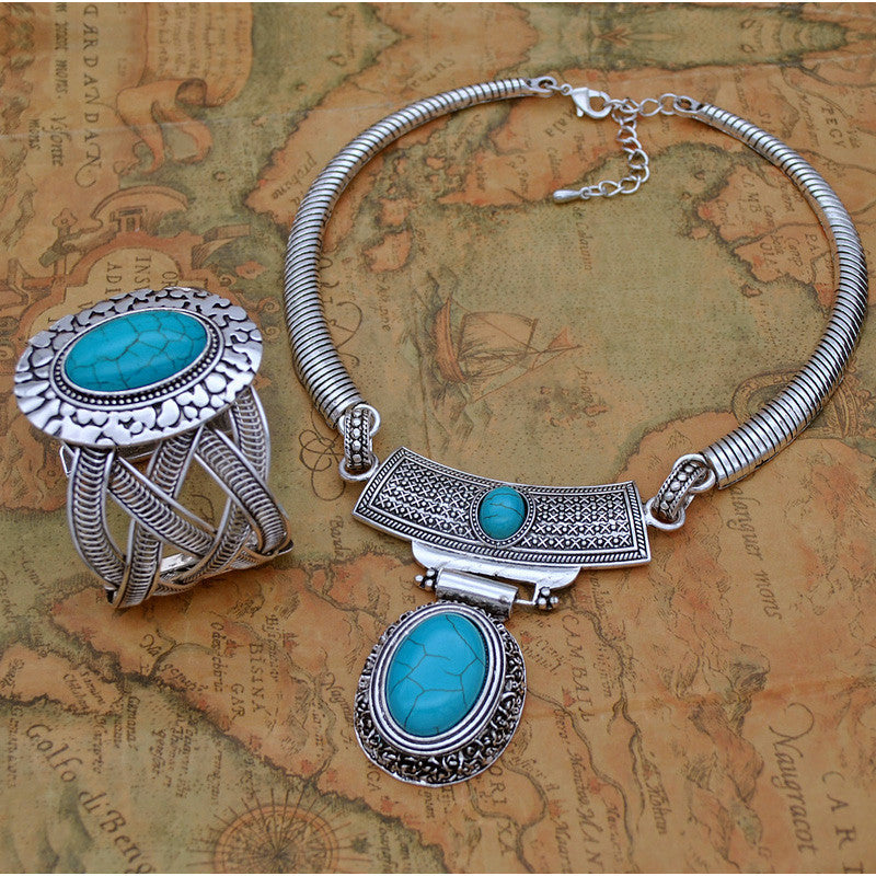 European And American Retro Turquoise Jewelry Ethnic Style Set