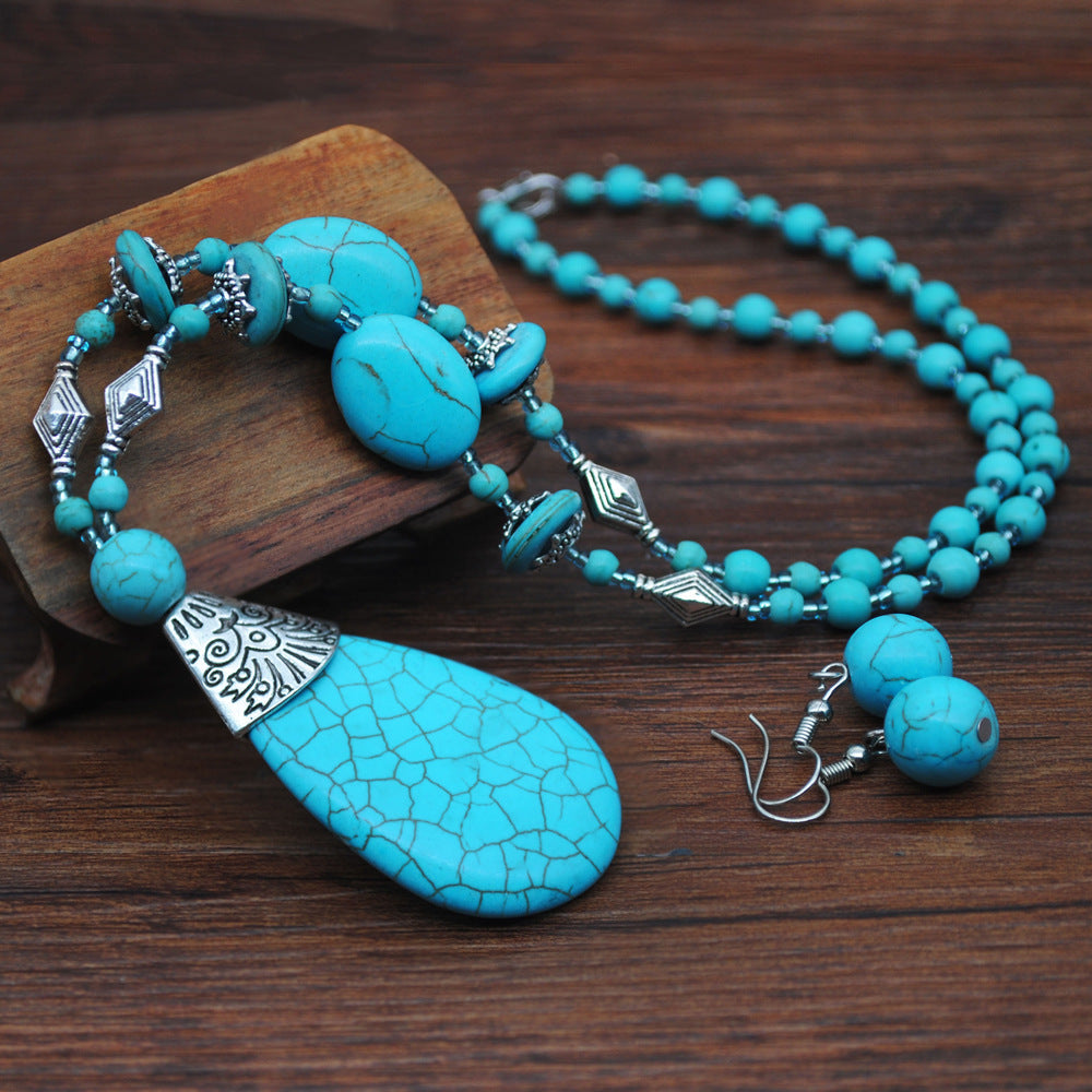 European And American Retro Turquoise Jewelry Ethnic Style Set