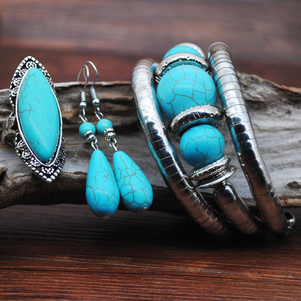 European And American Retro Turquoise Jewelry Ethnic Style Set