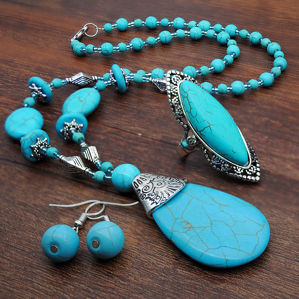 European And American Retro Turquoise Jewelry Ethnic Style Set