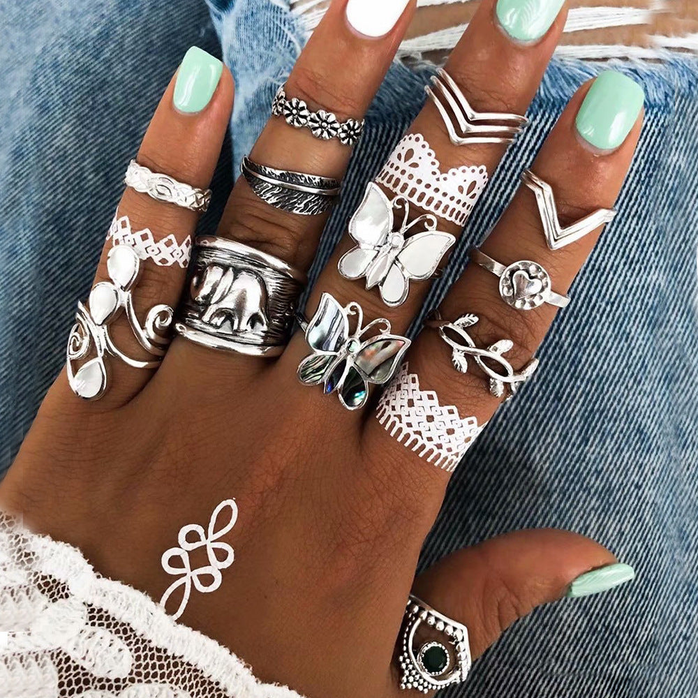 Retro Ethnic Style Exaggerated Gemstone Combination Set Ring
