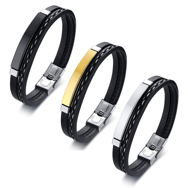 Mens Stainless Steel & Leather Bracelet