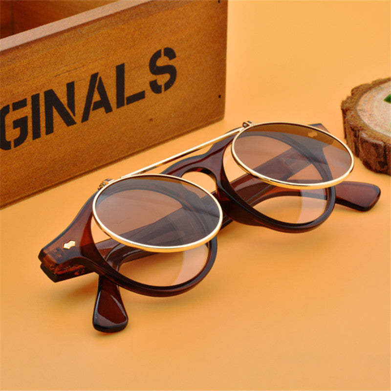 Double flip round retro steampunk sunglasses