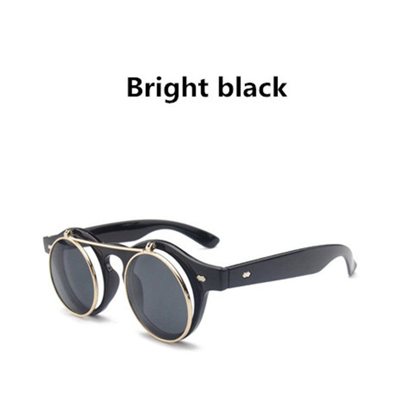 Double flip round retro steampunk sunglasses